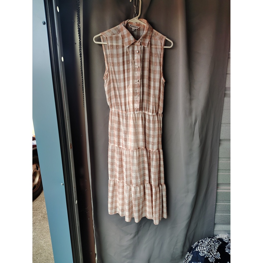 Nanette Lepore‎ Peach Gingham Swiss Dot Tiered Midi Dress Womens 6 Sleeveless